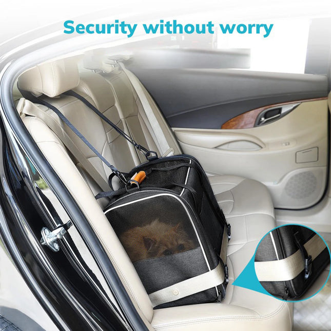 Hands-Free Cat Carrier Bag - 45x35x33cm, Car Seat Belt & Shoulder Strap, up to 15lbs
