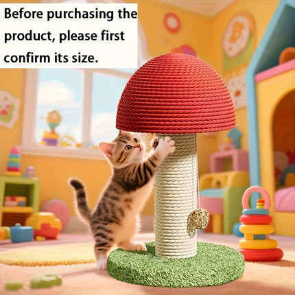 Red Mushroom-Shaped Cat Scratching Post with Sisal Scratching Pad, Mini Pet Villa & Green Pom-Pom Base