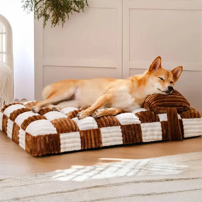 Handmade Plush Orthopedic Dog Bed with Pillow - Color Block Corduroy, Non-Slip (M/L/XL)