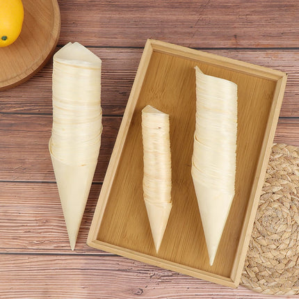 50pcs Cones Candy Boxes Disposable Wood Appetizer Cones Biodegradable Cone Veneer Roll Packaging Container Candy Cup