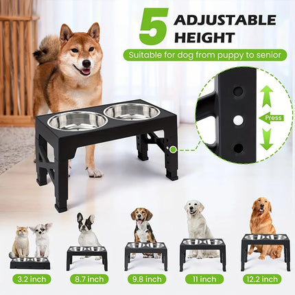 Elevated Dog Feeder with Double Stainless Steel Bowls - Adjustable Raised Stand, Black