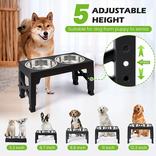 Elevated Dog Feeder with Double Stainless Steel Bowls - Adjustable Raised Stand, Black