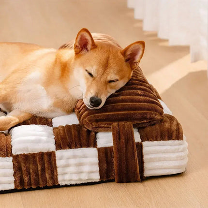 Handmade Plush Orthopedic Dog Bed with Pillow - Color Block Corduroy, Non-Slip (M/L/XL)