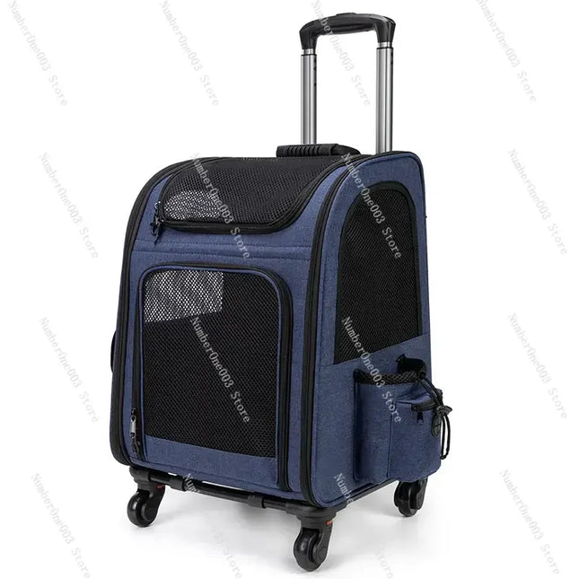 3-in-1 Foldable Wheeled Pet Carrier Trolley - Backpackable, Breathable, Large Capacity, Gray/Blue