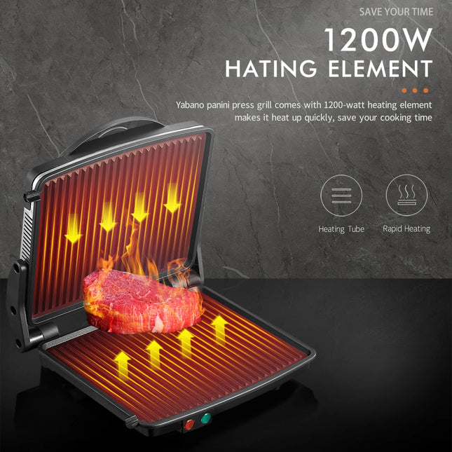 Panini Press Grill, Yabano Gourmet Sandwich Maker Non-Stick Coated Plates 11" x 9.8", Opens 180 Degrees to Fit Any Type or Size