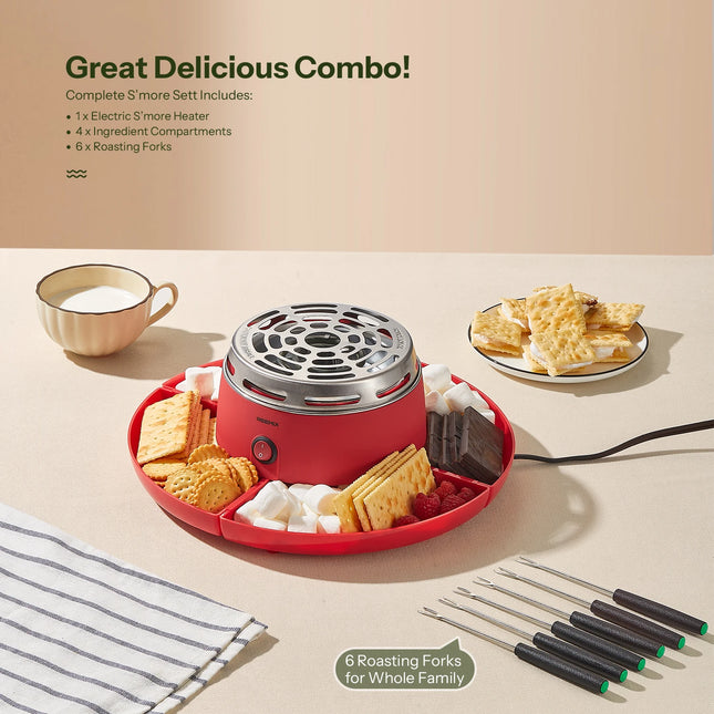 S'mores Maker Tabletop Indoor, Reemix Flameless Electric Marshmallow Roaster with 4 Detachable Trays & 6 Roasting Forks