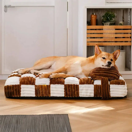 Handmade Plush Orthopedic Dog Bed with Pillow - Color Block Corduroy, Non-Slip (M/L/XL)
