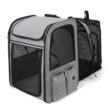 3-in-1 Foldable Wheeled Pet Carrier Trolley - Backpackable, Breathable, Large Capacity, Gray/Blue