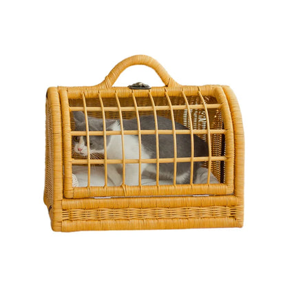 Luxury Rattan Cane Pet Carrier Handbag - 45x31x39cm, Button Closure, Yellow