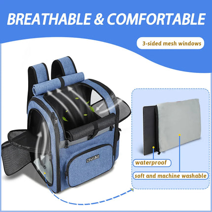 Petskd Sturdy Frame Pet Backpack - 3-Sided Mesh, Double Doors, 13x11x16.5in, up to 20lbs, Grey/Blue