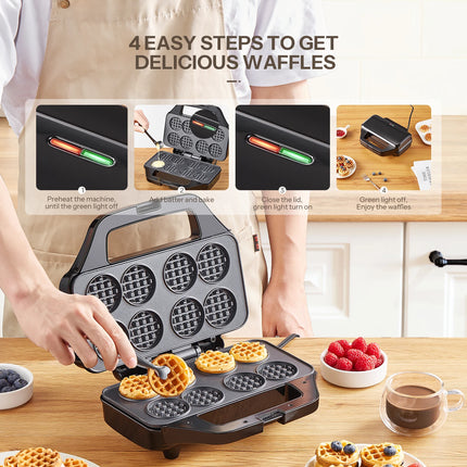 Waffle Maker, Reemix Multi Mini Waffle Iron Bake 8 x 1.8 Inch Small Waffles, Nonstick Waffle Iron with Quick Heat-Up