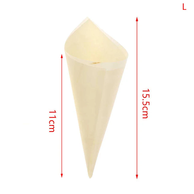 50pcs Cones Candy Boxes Disposable Wood Appetizer Cones Biodegradable Cone Veneer Roll Packaging Container Candy Cup