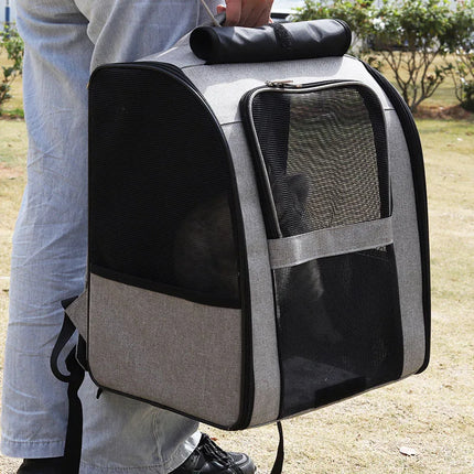 Foldable Oxford Cat Carrier Backpack - S(35x26x33cm) / L(40x26x43cm), Chest Strap, Gray/Purple