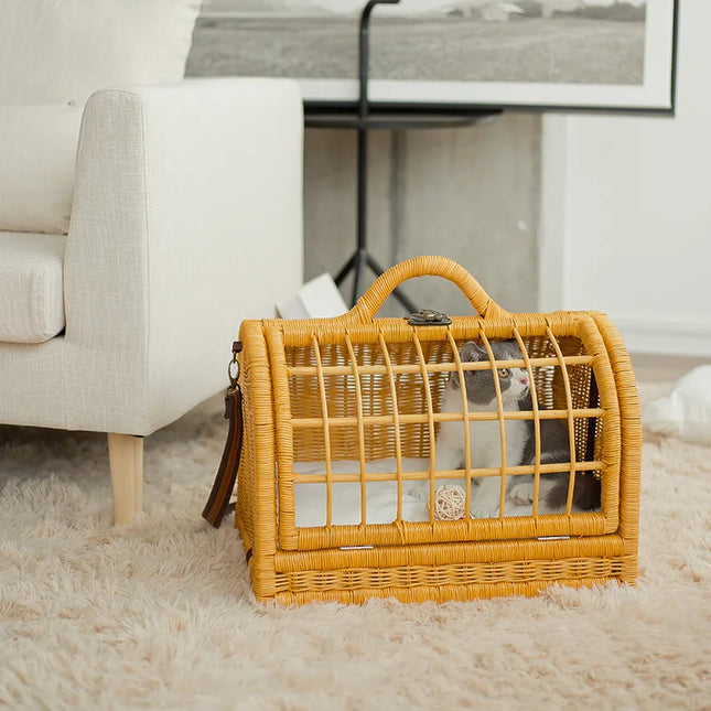 Luxury Rattan Cane Pet Carrier Handbag - 45x31x39cm, Button Closure, Yellow