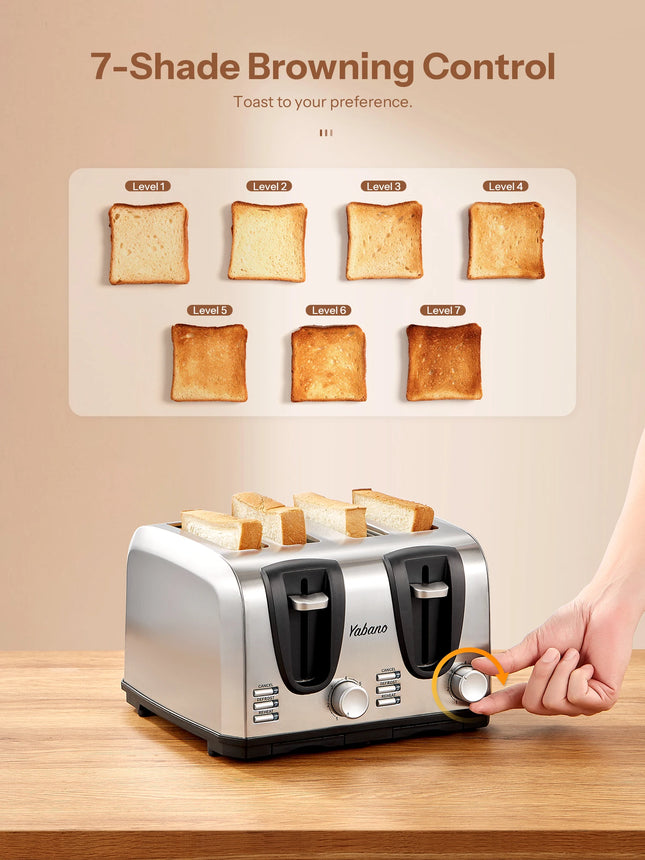 Yabano 4 Slice Toaster, Toaster with Extra Wide Slot and 7-Shade Settings, Defrost and Reheat Function