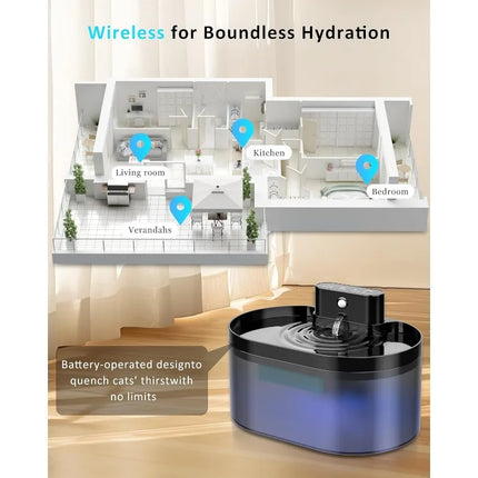2.2L Wireless Rechargeable Cat Water Fountain - Motion Sensor, 3 Flow Modes, 4-Layer Filter