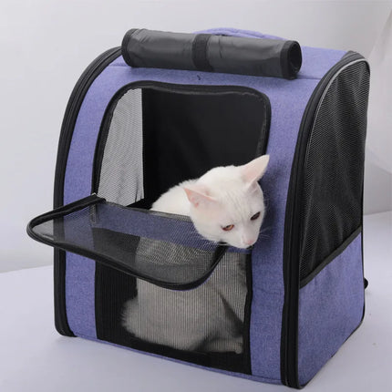 Foldable Oxford Cat Carrier Backpack - S(35x26x33cm) / L(40x26x43cm), Chest Strap, Gray/Purple