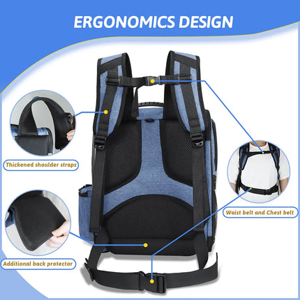 Petskd Sturdy Frame Pet Backpack - 3-Sided Mesh, Double Doors, 13x11x16.5in, up to 20lbs, Grey/Blue