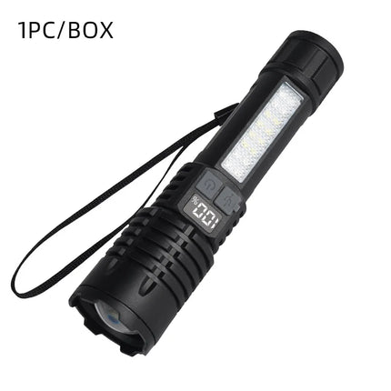 Portable Rechargeable High Power LED Flashlights With Display Screen Zoom Tactical Torch Lamp with Emergency Side Lights Lantern