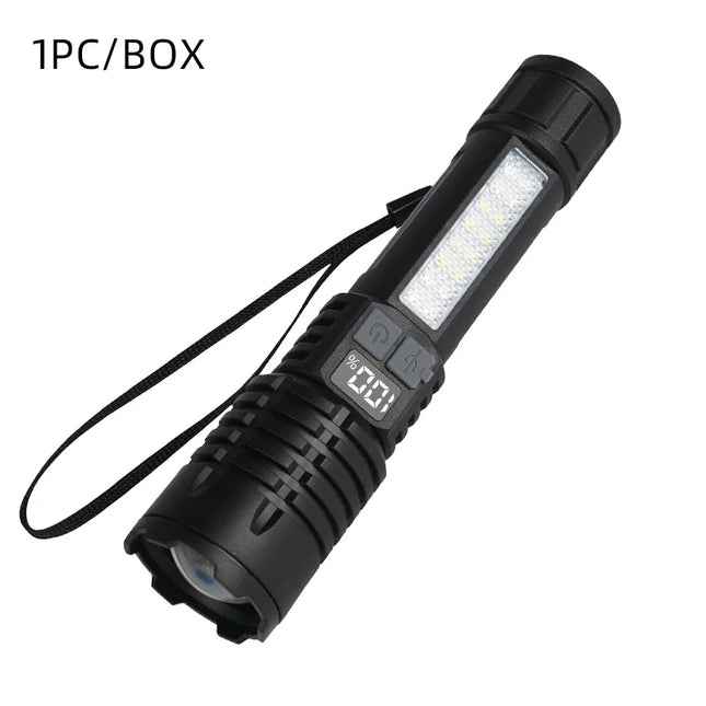 Portable Rechargeable High Power LED Flashlights With Display Screen Zoom Tactical Torch Lamp with Emergency Side Lights Lantern