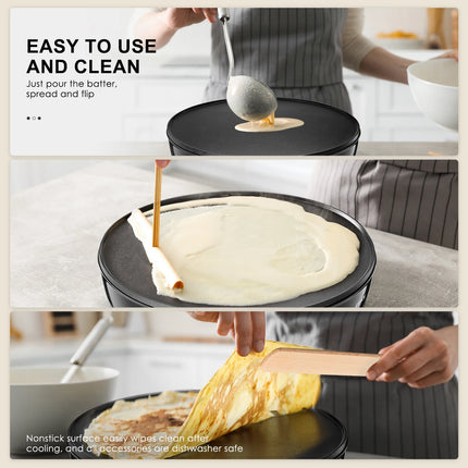 Crepe Maker Machine, Reemix Compact Pancake Griddle Precise Temperature Control, Nonstick 12” Electric Griddle, Batter Spreader