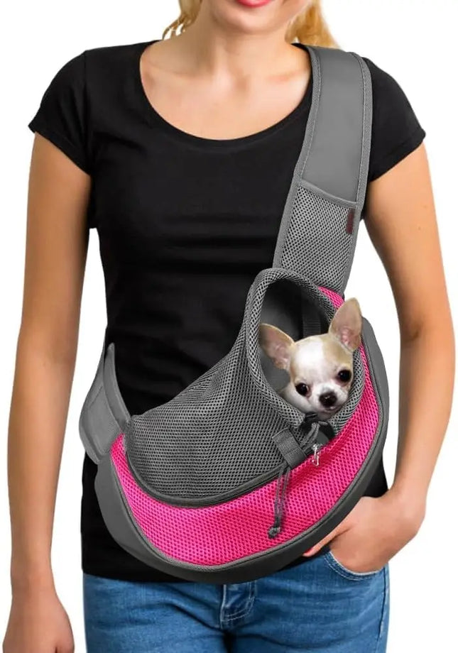 Hands-Free Pet Sling Carrier - S/L, Safety Hook, Large Zipper Pocket, Breathable Mesh, Fuchsia/Red/Black/Blue