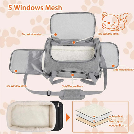 Airline Approved Soft Pet Carrier Bag - up to 20lbs, M/L, with Mat, 5 Colors