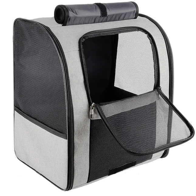 Foldable Oxford Cat Carrier Backpack - S(35x26x33cm) / L(40x26x43cm), Chest Strap, Gray/Purple