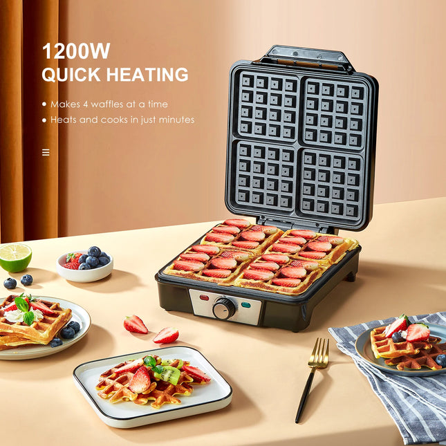 4-Slice Belgian Waffle Maker, 3 Browning Levels with Nonstick Square Waffler Iron Plates, 1200 Watts, Compact Design