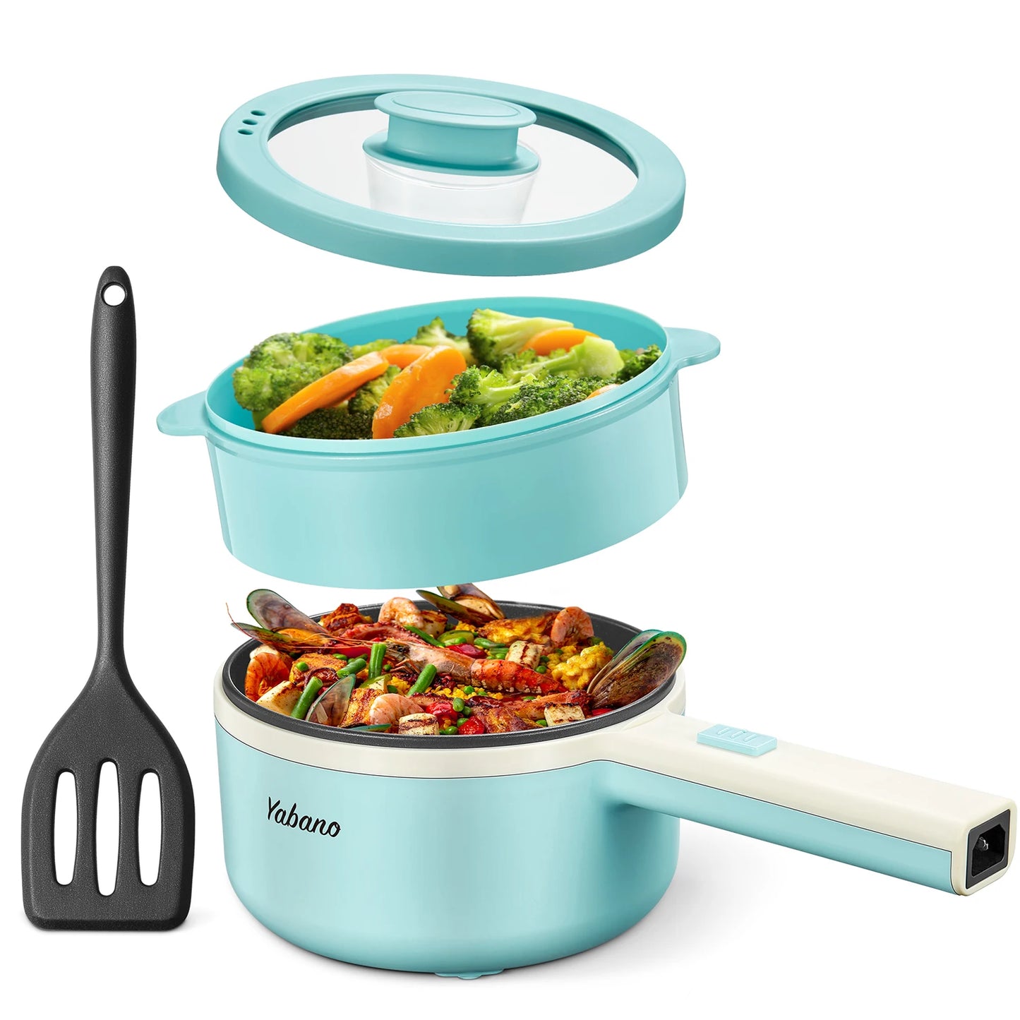Yabano Electric Pot, 850W Non-Stick Electric Hot Pot with Steamer,1.6L Noodles Cooker with Dual Power Control, Portable Pot For