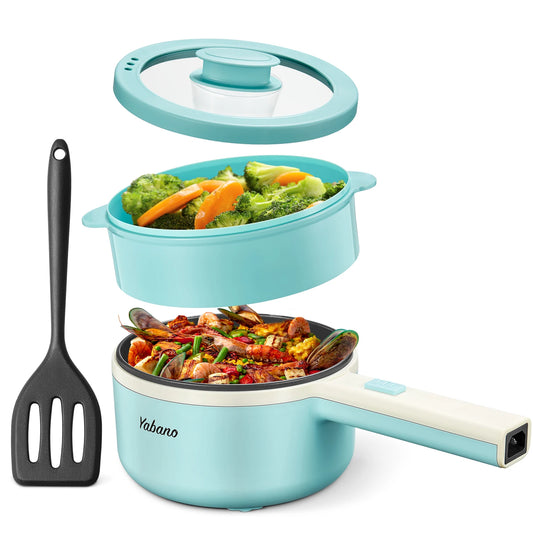 Yabano Electric Pot, 850W Non-Stick Electric Hot Pot with Steamer,1.6L Noodles Cooker with Dual Power Control, Portable Pot For