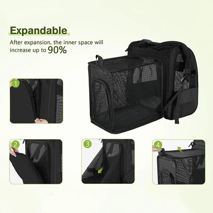 Expandable Cat Carrier Backpack - 62x34x43cm, Shade Cover, Steel Wire Frame, Black/Dark Gray/Grayish Green