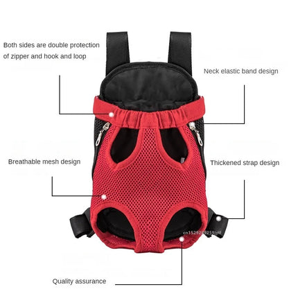 Mesh Pet Front Carrier Backpack - Breathable Double Shoulder, S/M/L/XL, Red/Blue/Beige/Pink/Navy/Black