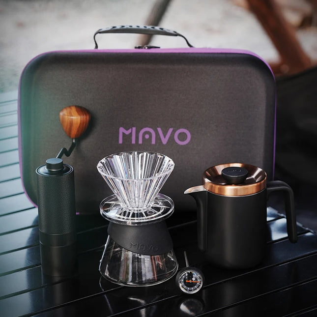 MAVO Pour-Over Coffee Set : Grinder+Dripper+300ml Glass Server+Kettle+Thermometer+Paper Filter Included,Coffee Box Easy To Carry