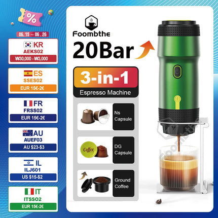 Foombthe Electric Portable Coffee Machine Italian Espresso Machine for Car & Home 3-in-1 Capsule Powder Travel Coffee Maker