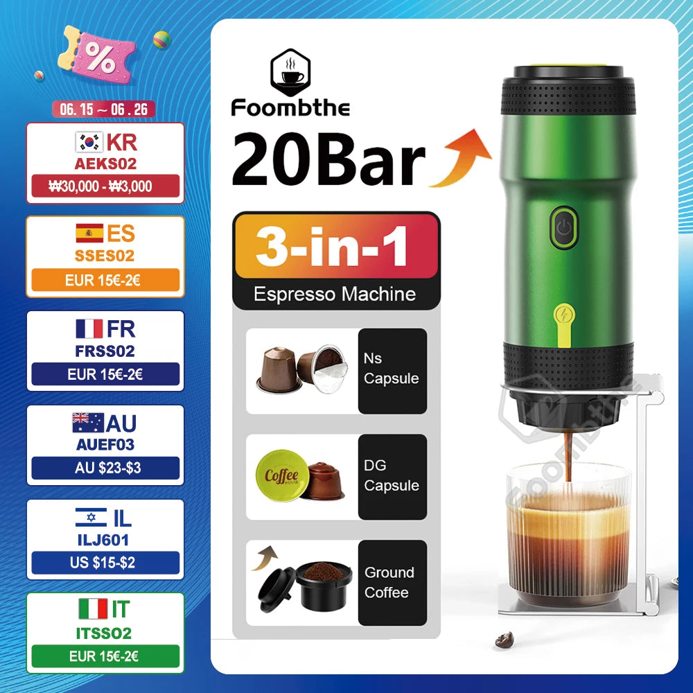 Foombthe Electric Portable Coffee Machine Italian Espresso Machine for Car & Home 3-in-1 Capsule Powder Travel Coffee Maker
