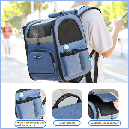 Petskd Sturdy Frame Pet Backpack - 3-Sided Mesh, Double Doors, 13x11x16.5in, up to 20lbs, Grey/Blue