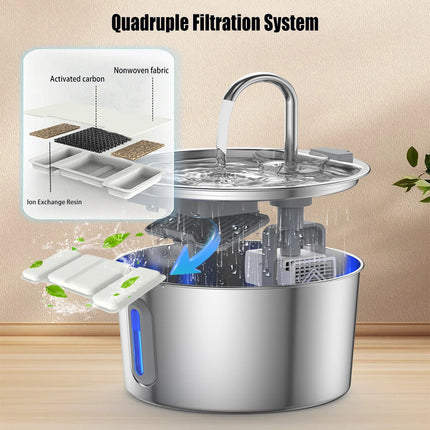 Stainless Steel Pet Water Fountain 2.2L - Automatic Dispenser with Filter System