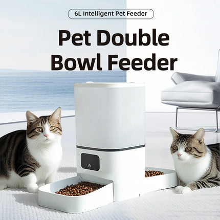 6L Smart Automatic Pet Feeder - Tuya App Timer Control, Stainless Steel Double Bowl for Dogs & Cats