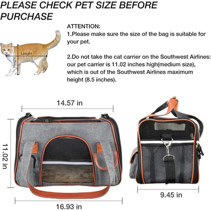 Soft-Sided Airline Approved Pet Carrier - Car Seat Safe, 3 Entrances, Fleece Pad, Deep Grey/Gray