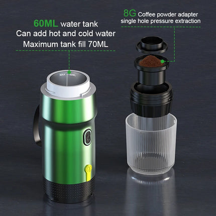 Foombthe Electric Portable Coffee Machine Italian Espresso Machine for Car & Home 3-in-1 Capsule Powder Travel Coffee Maker