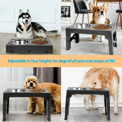 Elevated Dog Feeder with Double Stainless Steel Bowls - Adjustable Raised Stand, Black