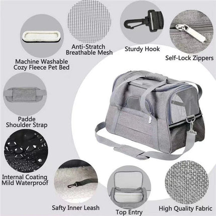 Oxford Soft-Sided Pet Carrier - 43x28x25cm, 3 Entrances, Plush Mat, up to 10kg, Black/Gray
