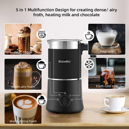 BioloMix 5-in-1 Automatic Hot/Cold Foam and Hot Chocolate Maker,Detachable Milk Frother and Steamer,Dishwasher Safe