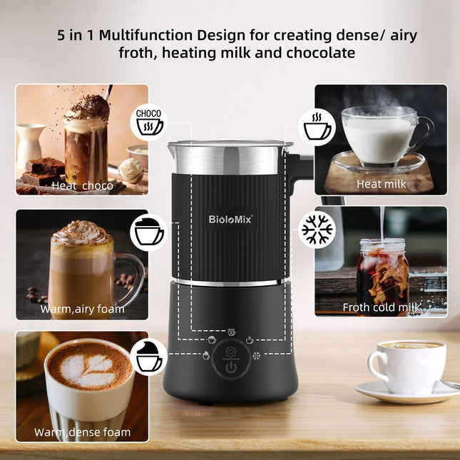 BioloMix 5-in-1 Automatic Hot/Cold Foam and Hot Chocolate Maker,Detachable Milk Frother and Steamer,Dishwasher Safe
