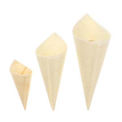 50pcs Cones Candy Boxes Disposable Wood Appetizer Cones Biodegradable Cone Veneer Roll Packaging Container Candy Cup