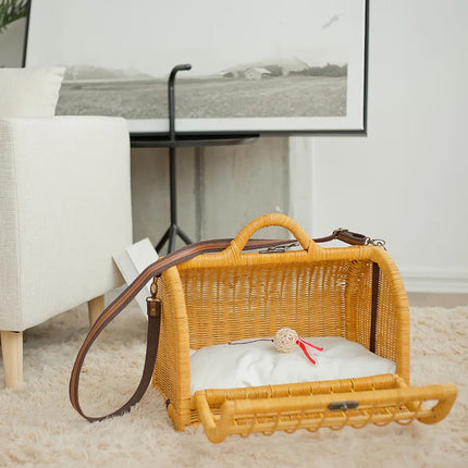 Luxury Rattan Cane Pet Carrier Handbag - 45x31x39cm, Button Closure, Yellow