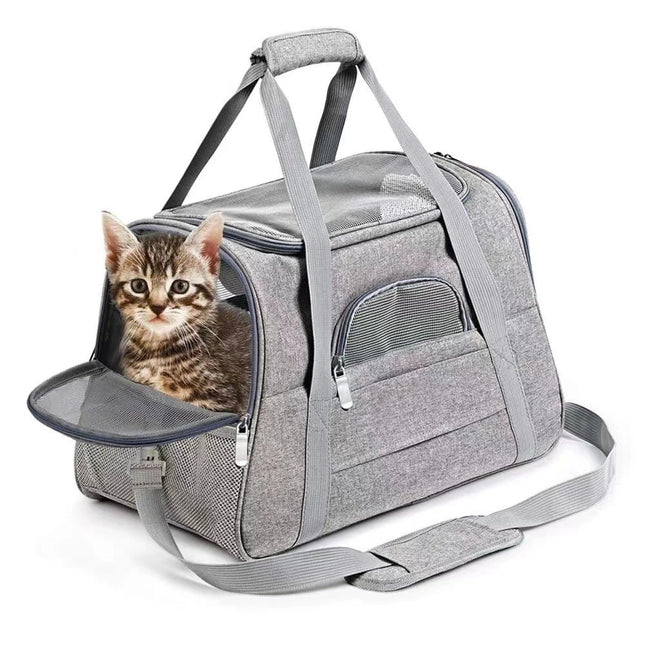 Oxford Soft-Sided Pet Carrier - 43x28x25cm, 3 Entrances, Plush Mat, up to 10kg, Black/Gray