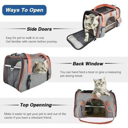 Soft-Sided Airline Approved Pet Carrier - Car Seat Safe, 3 Entrances, Fleece Pad, Deep Grey/Gray