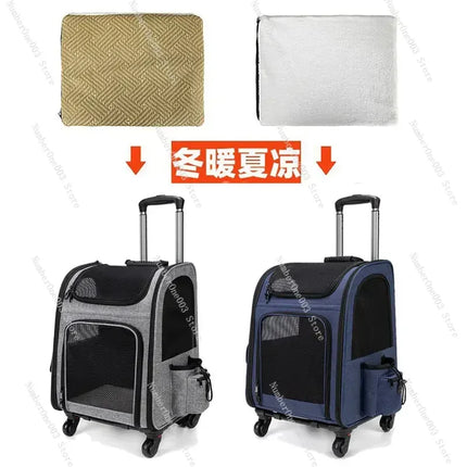 3-in-1 Foldable Wheeled Pet Carrier Trolley - Backpackable, Breathable, Large Capacity, Gray/Blue